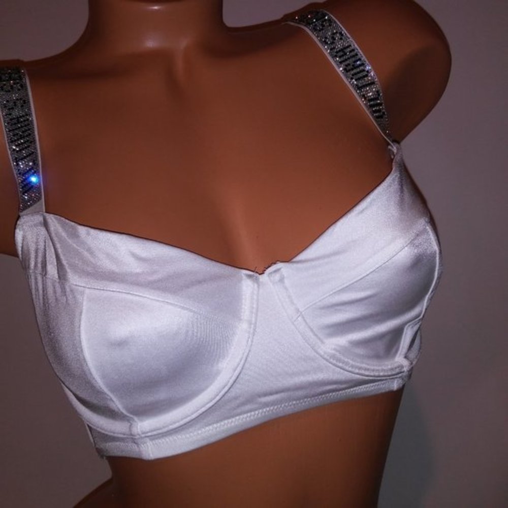 Victoria Secret Swim Bikini Top 32DD‎ White Shine Strap Bling Logo Solid New - Picture 4 of 10